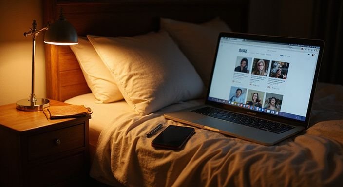 Rustige slaapkamer met een laptop, smartphone en notitieboekje.