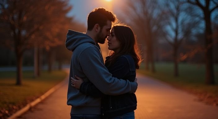 Een man en vrouw delen een oprechte, voorzichtige omhelzing in een park