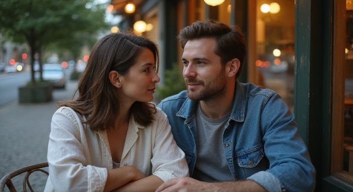 Een vrouw en man genieten van elkaars gezelschap in een café.