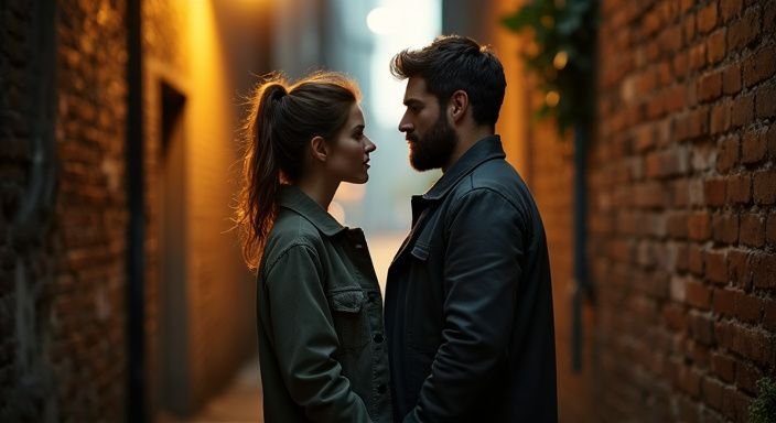 Een vrouw en man staan dicht bij elkaar in een steeg en willen geheim sexcontact.