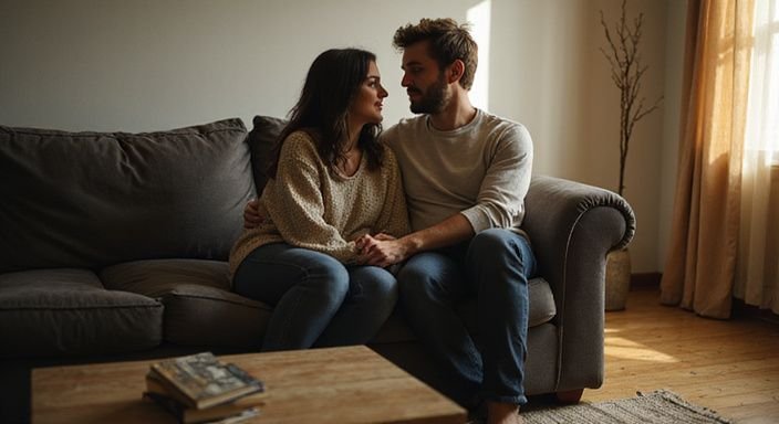 Een vrouw en man zitten samen op een versleten bank.