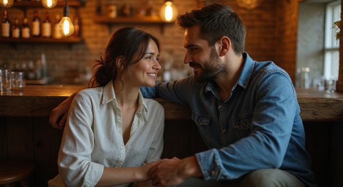 Een vrouw en man delen een intiem moment in een bar tijdens hun geheim sexcontact.