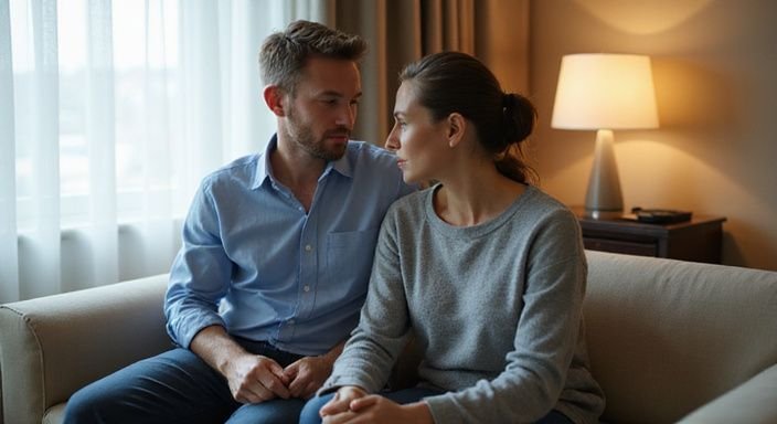 Een man en vrouw zitten intiem op een bank in een hotelkamer.