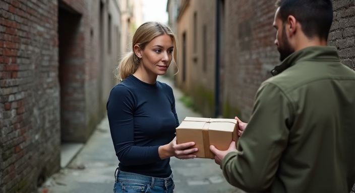 Een vrouw met grote tieten overhandigt een pakket aan een man in een steeg.