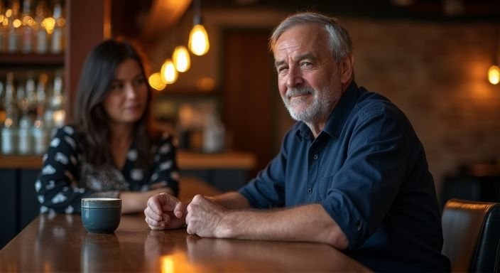 Een man en vrouw hebben een intieme conversatie over geheim sexcontact aan de bar.