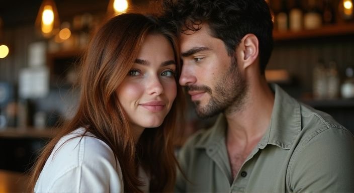 Een vrouw en man delen een intiem moment aan de bar tijdens hun geheim sexcontact.