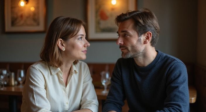 Een vrouw en man delen een intense, privé uitwisseling aan tafel en willen een geheime affaire.