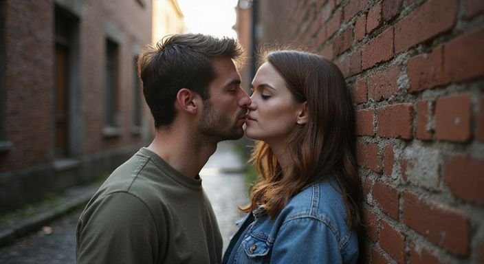 Een man kust een vrouw in een smalle, verweerde steeg.