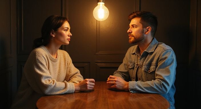Een vrouw en een man delen een intense, emotionele blik in een café.