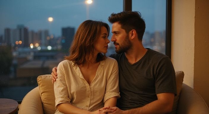 Een vrouw en man delen een intiem moment op een stoel en hebben een geheime affaire.