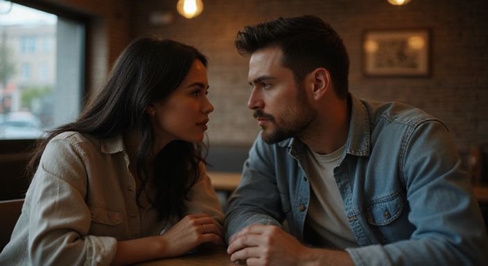 Een man en vrouw hebben een intieme conversatie over een geheime affaire in een café.