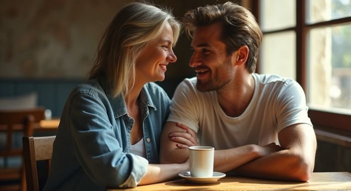 Een vrouw fluistert naar een man in een gezellig café.
