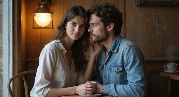 Een vrouw en man delen een intense blik in een café tijdens hun geheime affaire.