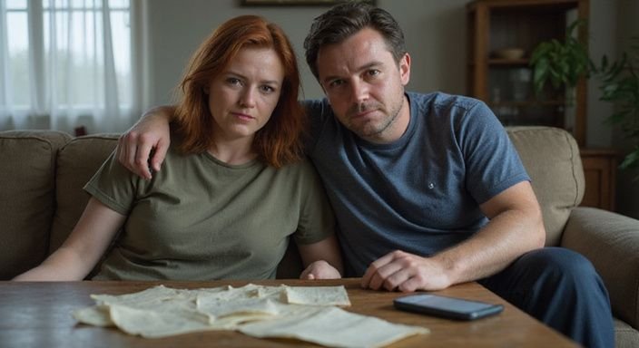 Een middelbare man en vrouw zitten dicht bij elkaar, zichtbaar emotioneel.