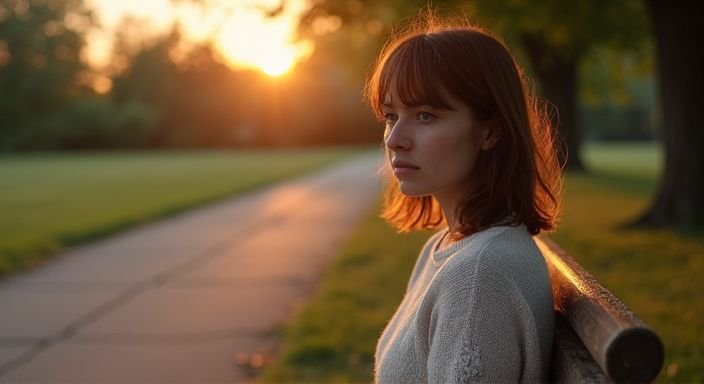 Een vrouw in een trui zit alleen op een parkbank.