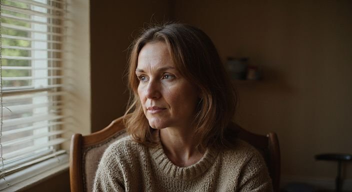 Een middelbare vrouw zit alleen en reflecteert in een eenvoudige kamer.