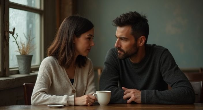 Een man en vrouw voeren een stille, intense conversatie in een café.