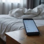 Een slaapkamer met een smartphone op een nachtkastje en bed