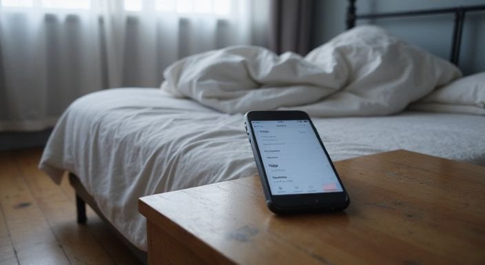 Een slaapkamer met een smartphone op een nachtkastje en bed.