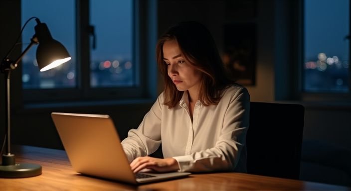 Een vrouw in de dertig is geconcentreerd op haar laptop op zoek naar een neukdate.