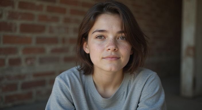 Een jonge volwassene in casual kleding, ontspannen en oprecht kijkend.