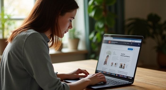 Een vrouw werkt geconcentreerd aan haar laptop met datingwebsites voor een neukdate open.