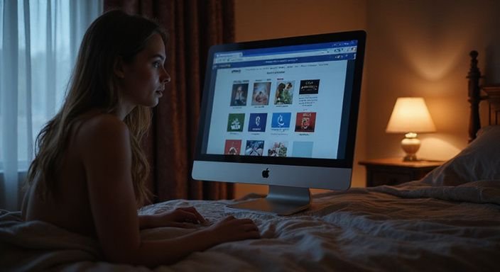 Een persoon kijkt gefocust naar een computermonitor en zoekt een neukdate.