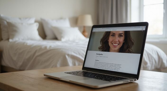 Een laptop toont een datingprofiel voor een neukdate op een lichte eiken desk.