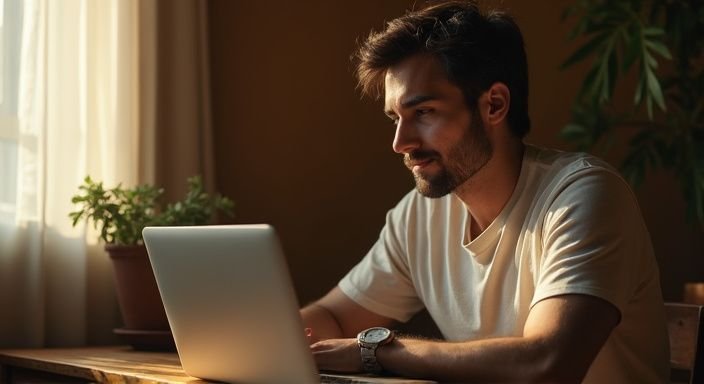Een man zoekt op zijn laptop naar een neukdate.