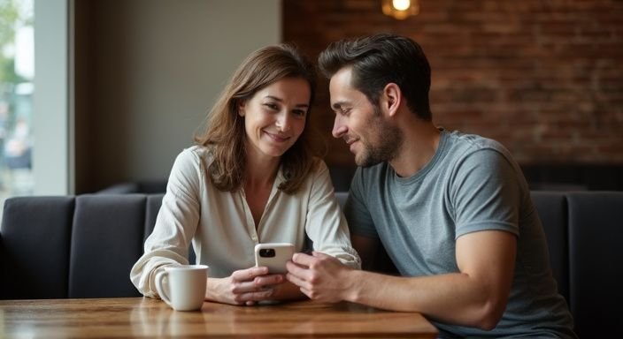 Een man en vrouw bespreken aandachtig dating- en gezondheidsadvies in een café.
