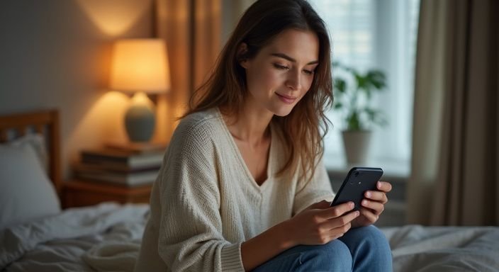 Een vrouw in een trui zit ontspannen op een bed.