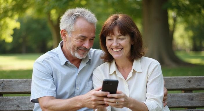 Een middel-aged stel lacht samen op een houten bank in het park.