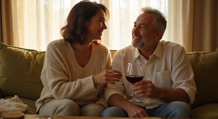 Een ontspannen gesprek over oudere vrouwen sexdating tussen een man en vrouw in een gezellige woonkamer.
