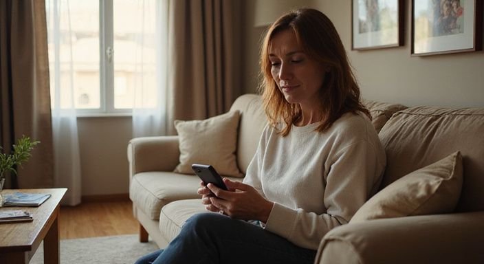 Een middeljarige vrouw scrollt door een dating-app op haar smartphone.