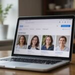 Een laptop toont een datingwebsite met gebruikersprofielen en zoekfilters