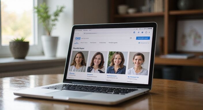 Een laptop toont een datingwebsite voor oudere vrouwen sexdating met gebruikersprofielen en zoekfilters.