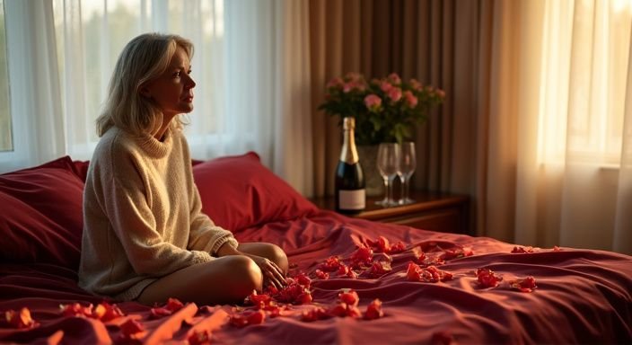 Een vrouw zit op een bed met zijde en rozenblaadjes.