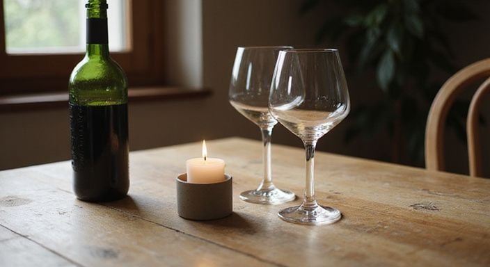 Een sfeervol gedekte tafel voor twee met wijn en kaarslicht.