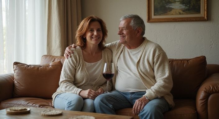Een volwassen man en vrouw delen een intiem moment op een bank.