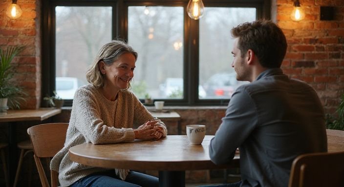 Een oudere vrouw en een jongere man hebben een gesprek in een koffiehuis.