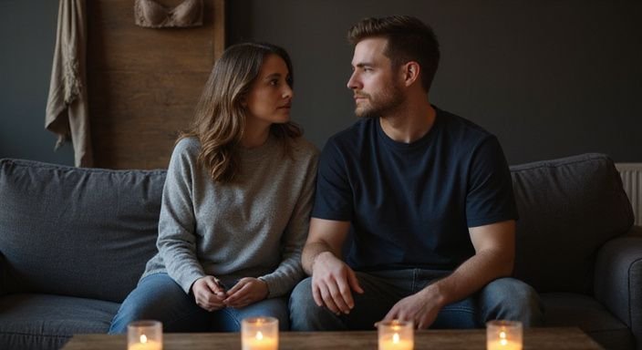 Een jong stel zit samen op een comfortabele bank en converseert over een spannend sexcontact met een sexdate.