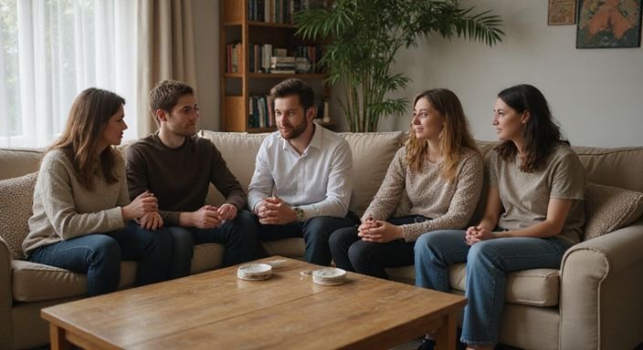 Vijf vrienden delen persoonlijke verhalen op een gezellige bank. Vijf vrienden delen persoonlijke verhalen over spannend sexcontact met een sexdate op een gezellige bank.