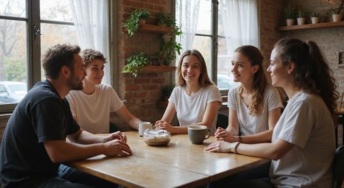 Vijf vrienden delen verhalen in een gezellige koffiebar. Vijf vrienden delen verhalen over een spannend sexcontact met een sexdate in een gezellige koffiebar.