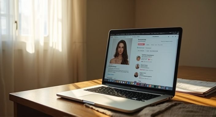 Een slaapkamer met een laptop die een datingapp-interface toont. Een slaapkamer met een laptop die een datingapp-interface toont.