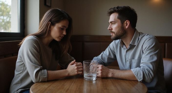 Een ongemakkelijke ontmoeting tussen een man en een vrouw in een restaurant. Een ongemakkelijke ontmoeting tussen een man en een vrouw in een restaurant.