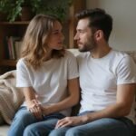 Een vrouw en man delen een intiem gesprek op de bank