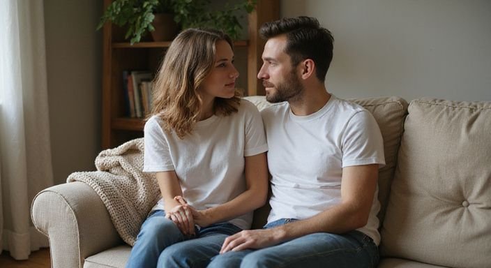 Een vrouw en man delen een intiem gesprek op de bank