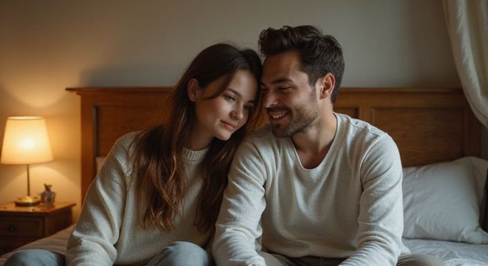 Een man en vrouw zitten samen op een bed, lachend en ontspannen. Een man en vrouw zitten samen op een bed, lachend en ontspannen.