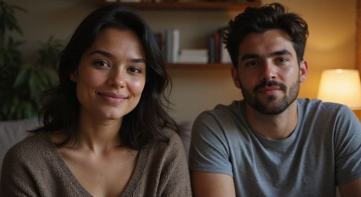 Een man en vrouw videobellen, ontspannen en gelukkig in hun omgeving. Een man en vrouw videobellen, ontspannen en gelukkig in hun omgeving.