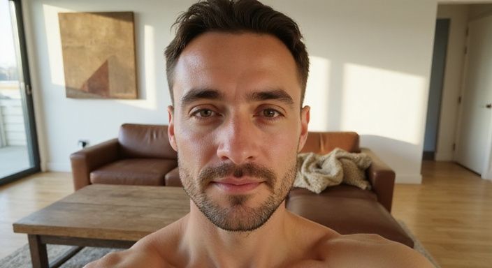 Een man maakt een selfie in een moderne woonkamer. Een man maakt een selfie in een moderne woonkamer.